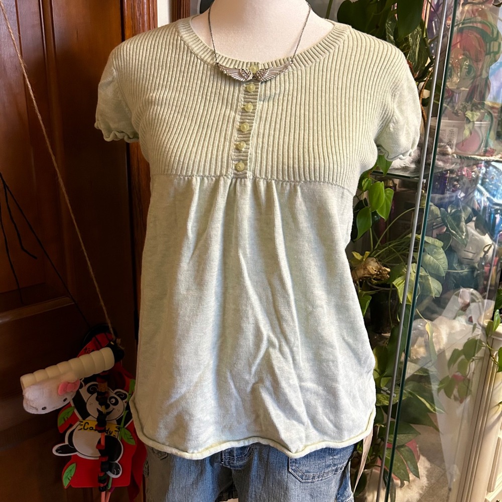 Y2K Style Greendog Light Green Ribbed Henley Babydoll Short Sleeve Top Sz 14/XS